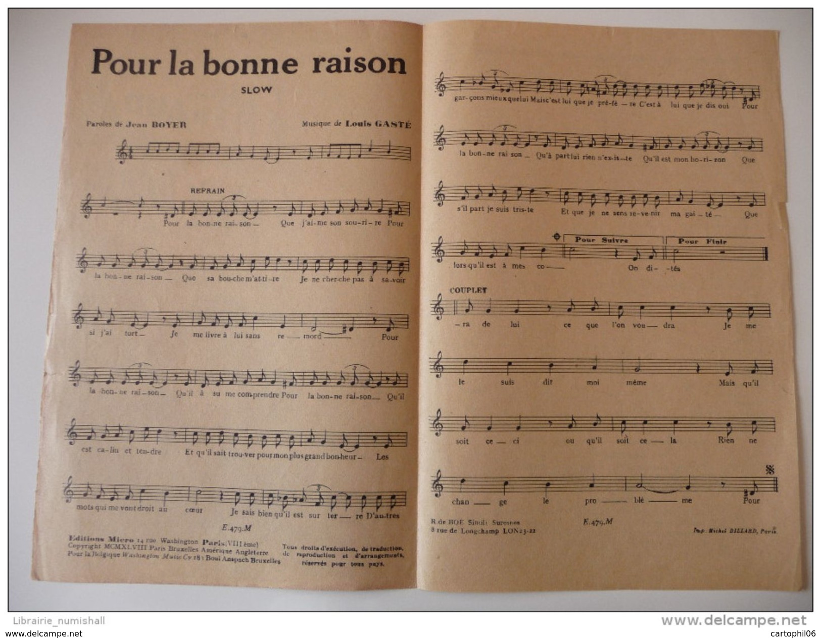 - PARTITION MUSICALE ANCIENNE - POUR LA BONNE RAISON - LINE RENAUD - Edition MICRO - - Partitions Musicales Anciennes