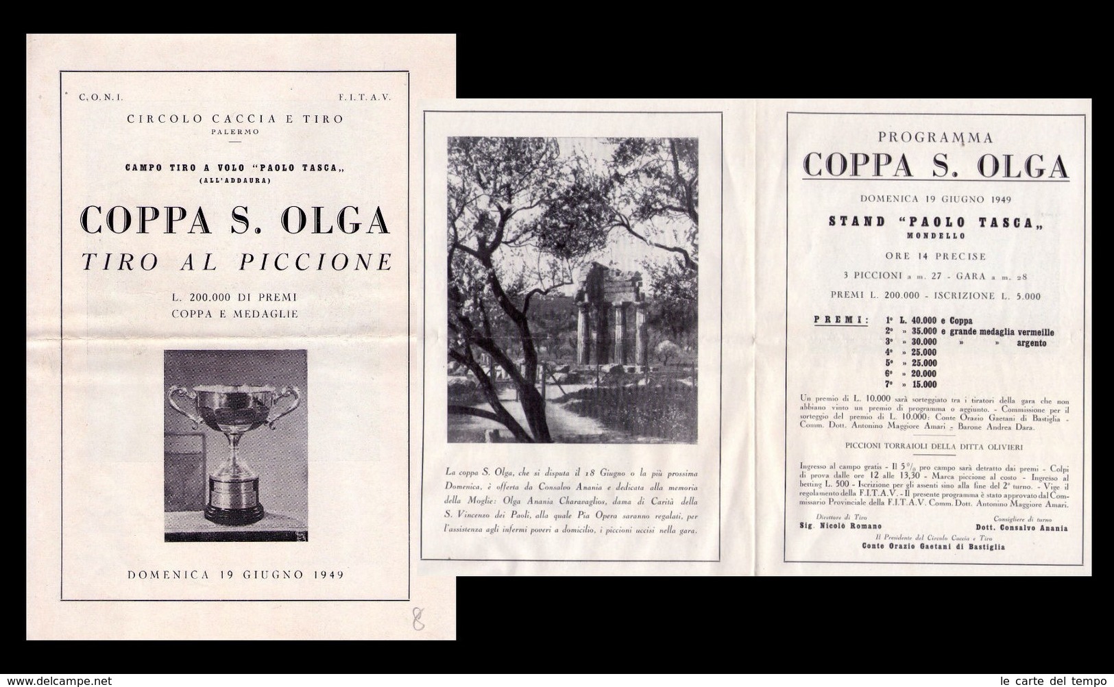 Brochure Con Programma Circolo Caccia E Tiro - Palermo COPPA S.OLGA Tiro Al Piccione. 19 Giugno 1949 - Programmi