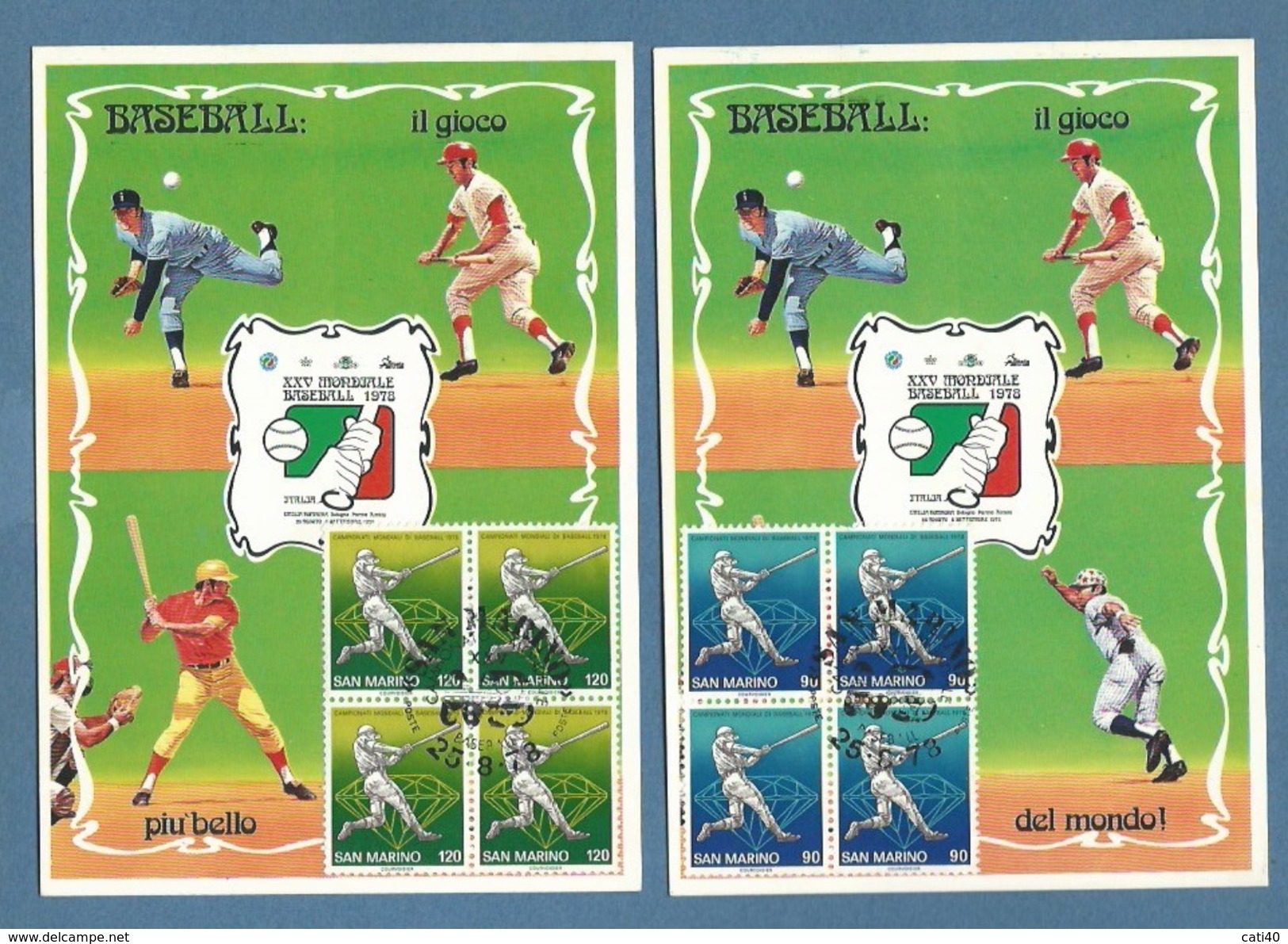 BASEBALL  XXV MONDIALE BASEBALL 1978 BOLOGNA PARMA RIMINI  2 CARTOLINE CON ANNULLO SPECIALE S.MARINO  QUARTINE  90+120 - Baseball