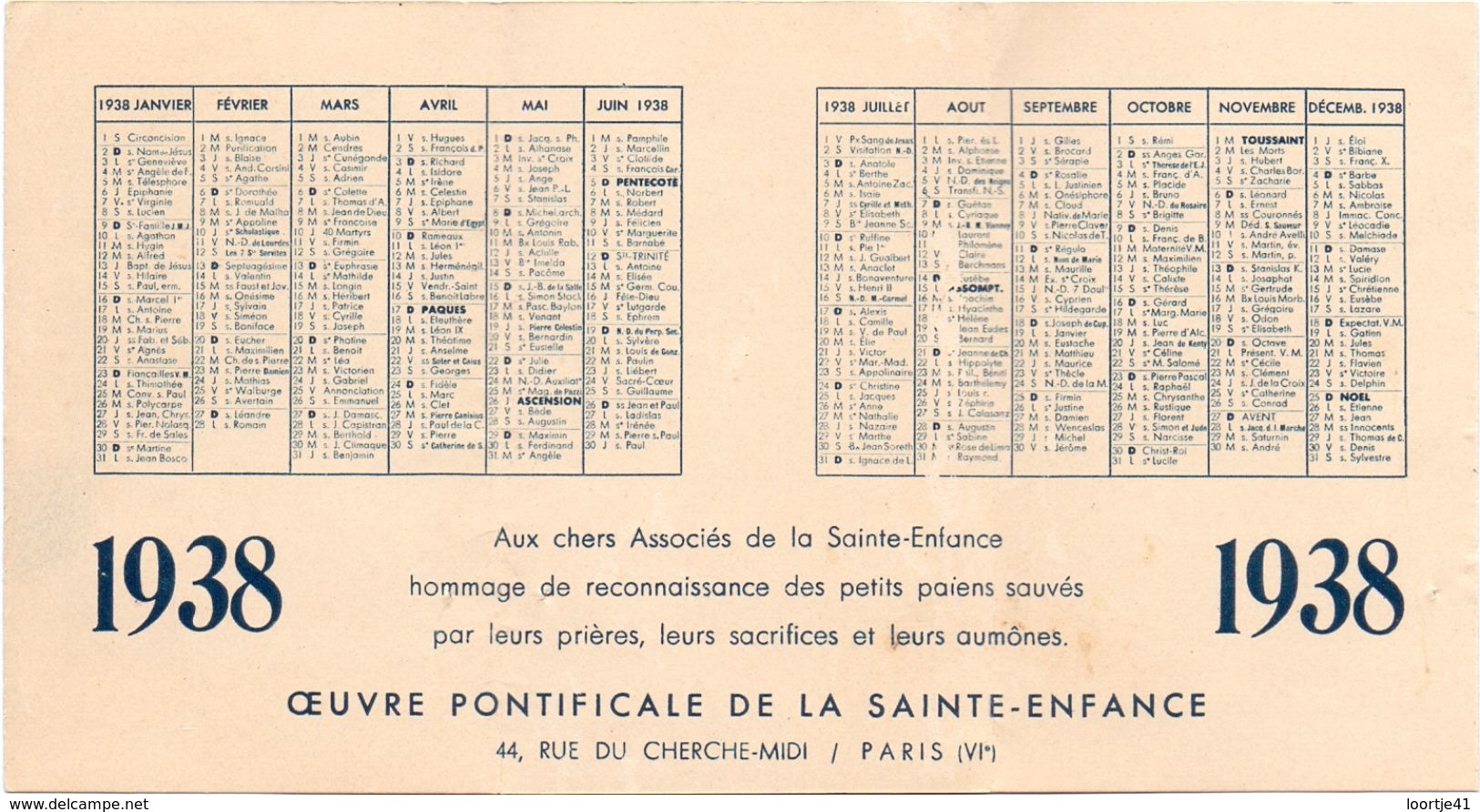 Kalender Calendrier 1938 - Oeuvre Pontificale De La Sainte Enfance Paris - Petit Format : 1921-40