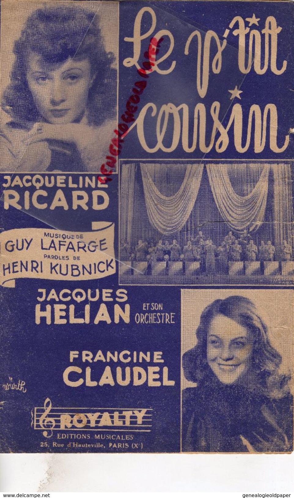 PARTITION MUSICALE-LE P'TIT COUSIN- JACQUELINE RICARD-GUY LAFARGE-HENRI KUBNICK-JACQUES HELIAN-FRANCINE CLAUDEL-ROYALTY - Partitions Musicales Anciennes