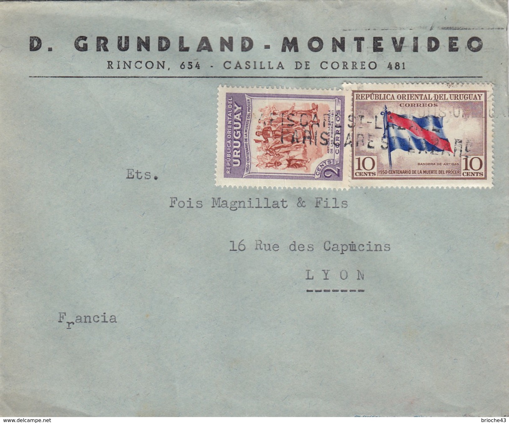 URUGUAY - COVER - D. GRUNDLAND MONTEVIDEO TO LYON FRANCE / 4 - Uruguay