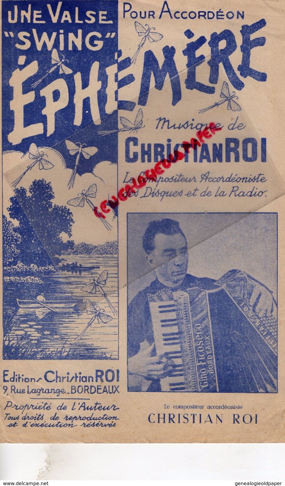 33-BORDEAUX-PARTITION MUSICALE- EDITIONS CHRISTIAN ROI-9 RUE LAGRANGE-ACCORDEON GINO FICOSECO-FICOSECCO--VALSE EPHEMERE - Scores & Partitions