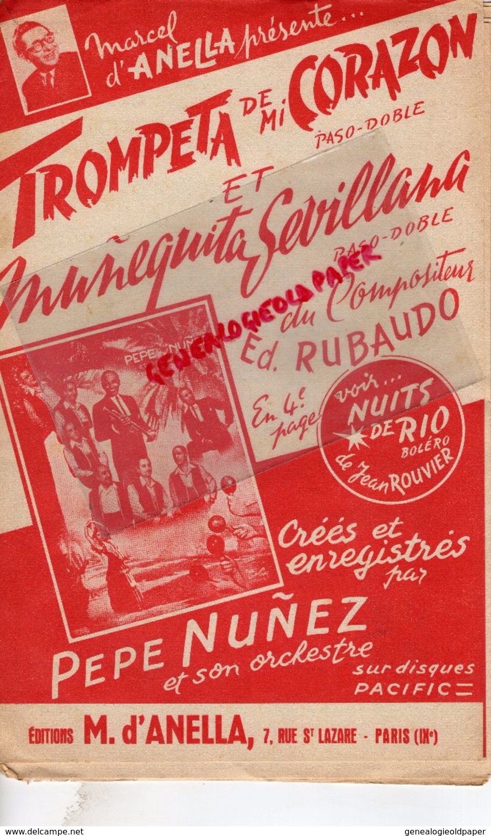 PARTITION MUSICALE- TROMPETA DE MI CORAZON-ED. RUBAUDO-PEPE NUNEZ-D'ANELLA 7 RUE ST LAZARE PARIS-NUITS  RIO JEAN ROUVIER - Partitions Musicales Anciennes