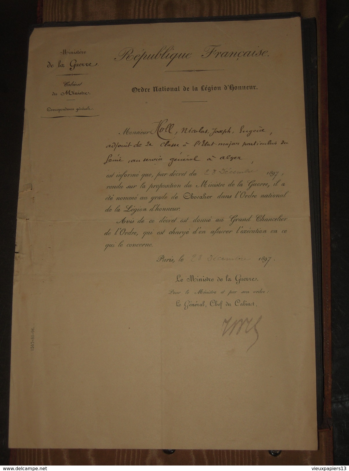 Ministère De La Guerre 1897 Nomination Au Grade De Chevalier - Ordre National De La Légion D'Honneur - Génie Algérie - Historical Documents