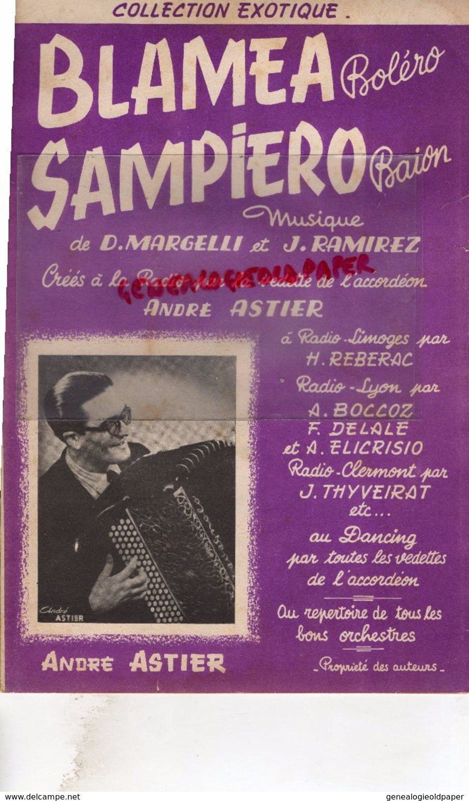 17-SAINTES-PARTITION MUSICALE-BLAMEA BOLERO-SAMPIERO BAION-MARGELLI-J.RAMIREZ-ANDRE ASTIER A RADIO LIMOGES REBERAC- - Partitions Musicales Anciennes