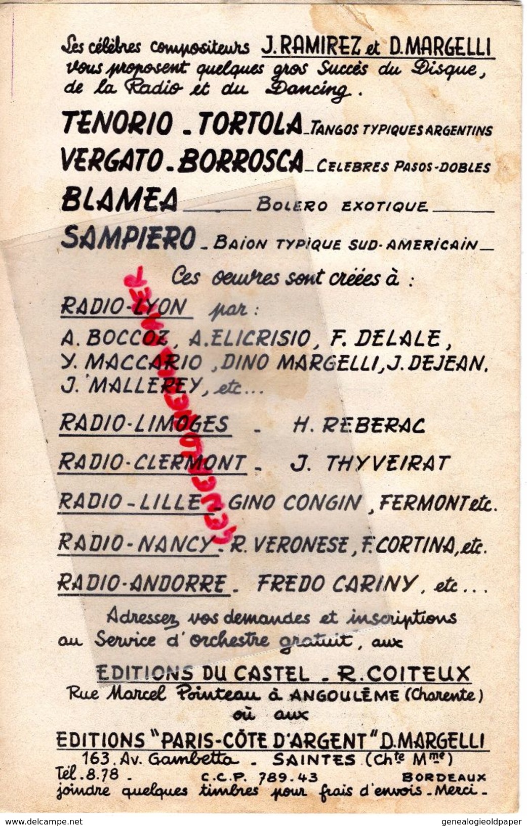 17-SAINTES-PARTITION MUSICALE-BLAMEA BOLERO-SAMPIERO BAION-MARGELLI-J.RAMIREZ-ANDRE ASTIER A RADIO LIMOGES REBERAC- - Partitions Musicales Anciennes