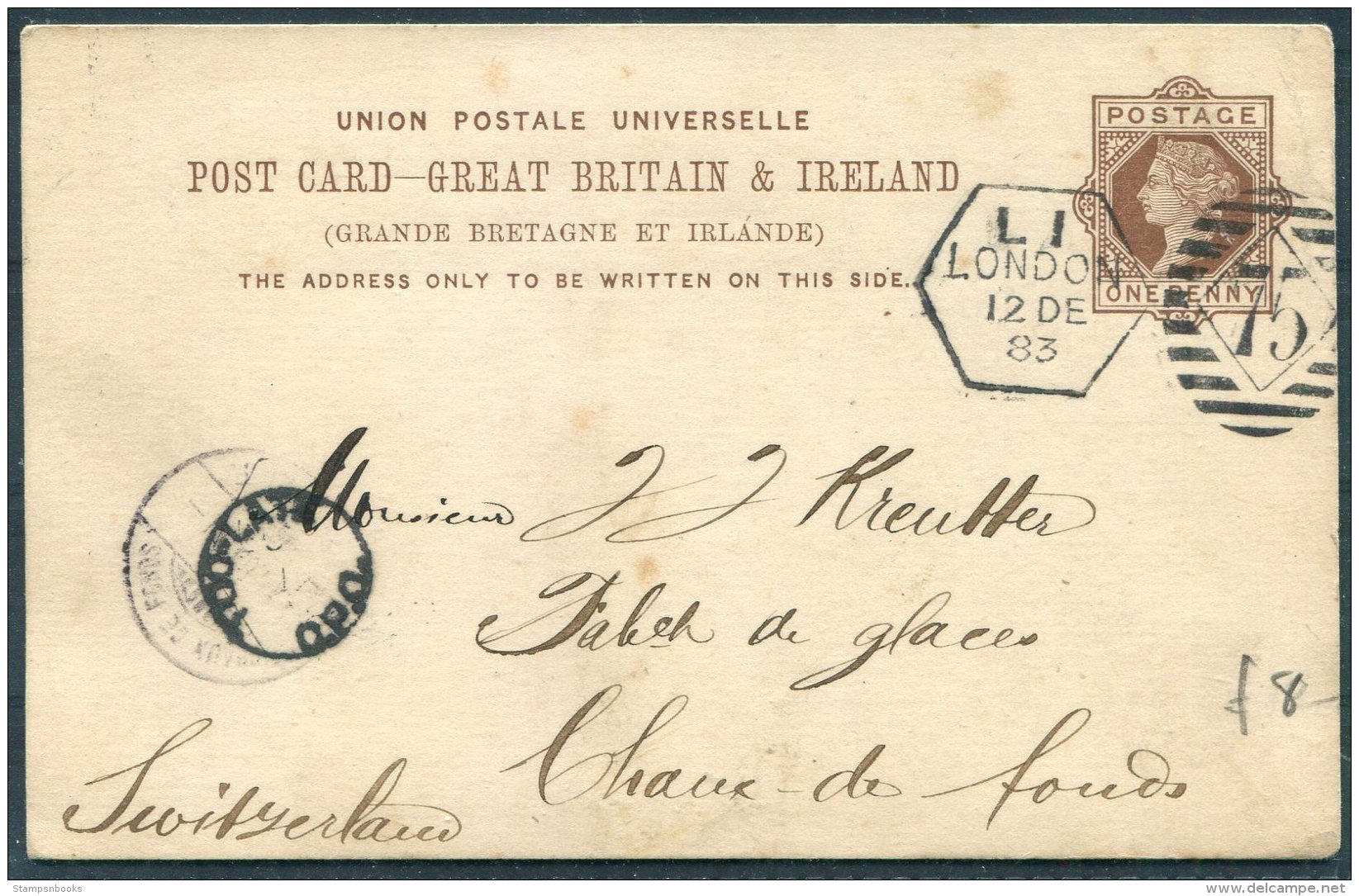 1883 GB Stationery Postcard Mayer &amp; Co, Thavies Inn, London - Chaux De Fonds, Switzerland. 'TOO LATE' - Storia Postale