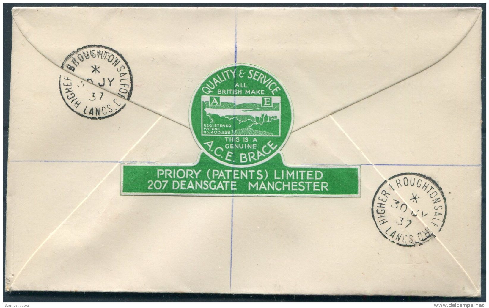 1937 GB Salford Lancashire Registered Cover. Higher Broughton Cds. A.C.E. Brace, Deansgate Manchester Vignette - Covers & Documents