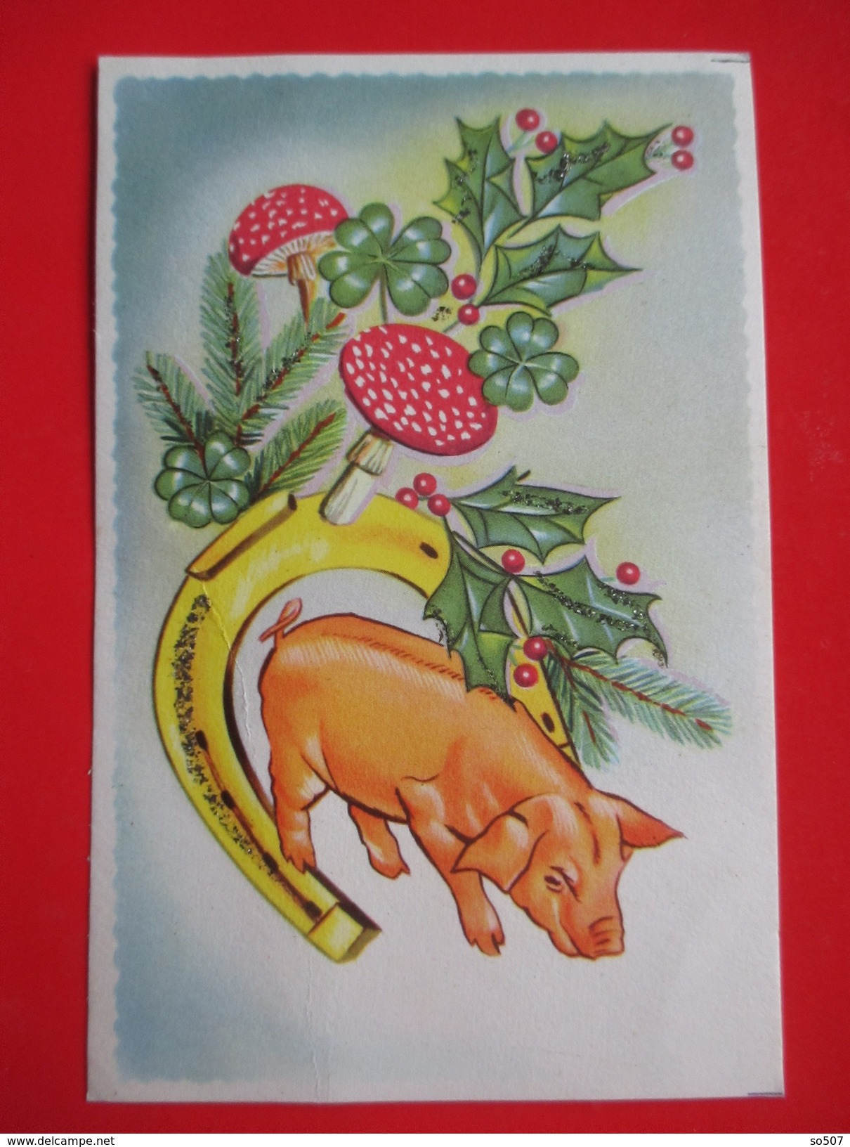 H4-Postcard-Pig, Horseshoe, Mushrooms,Hawthorn,Clover - Cochons