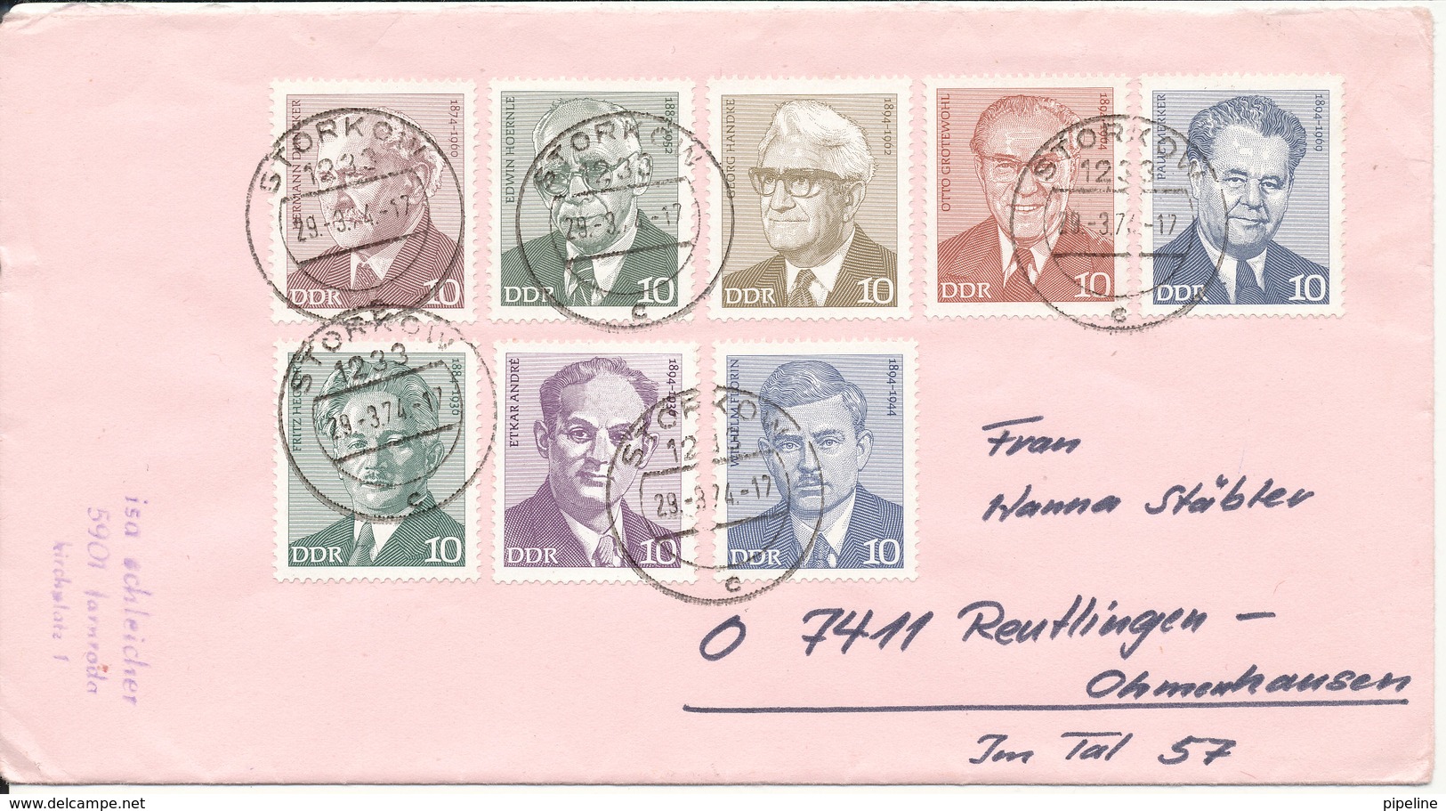 Germany DDR Cover Sent To Switzerland 29-3-1974 With Complete Set Of  8 Personen (the Cover Is Damaged On The Backside) - Autres & Non Classés