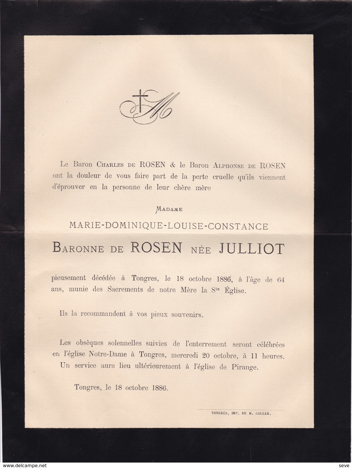 TONGRES PIRANGE Marie-Dominique JULLIOT Baronne De ROSEN 64 Ans 1886 Doodsbrief - Décès