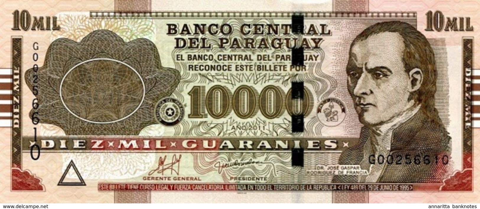 PARAGUAY 10000 GUARANIES 2011 P224e UNC PREFIX G [ PY858a ] - Paraguay