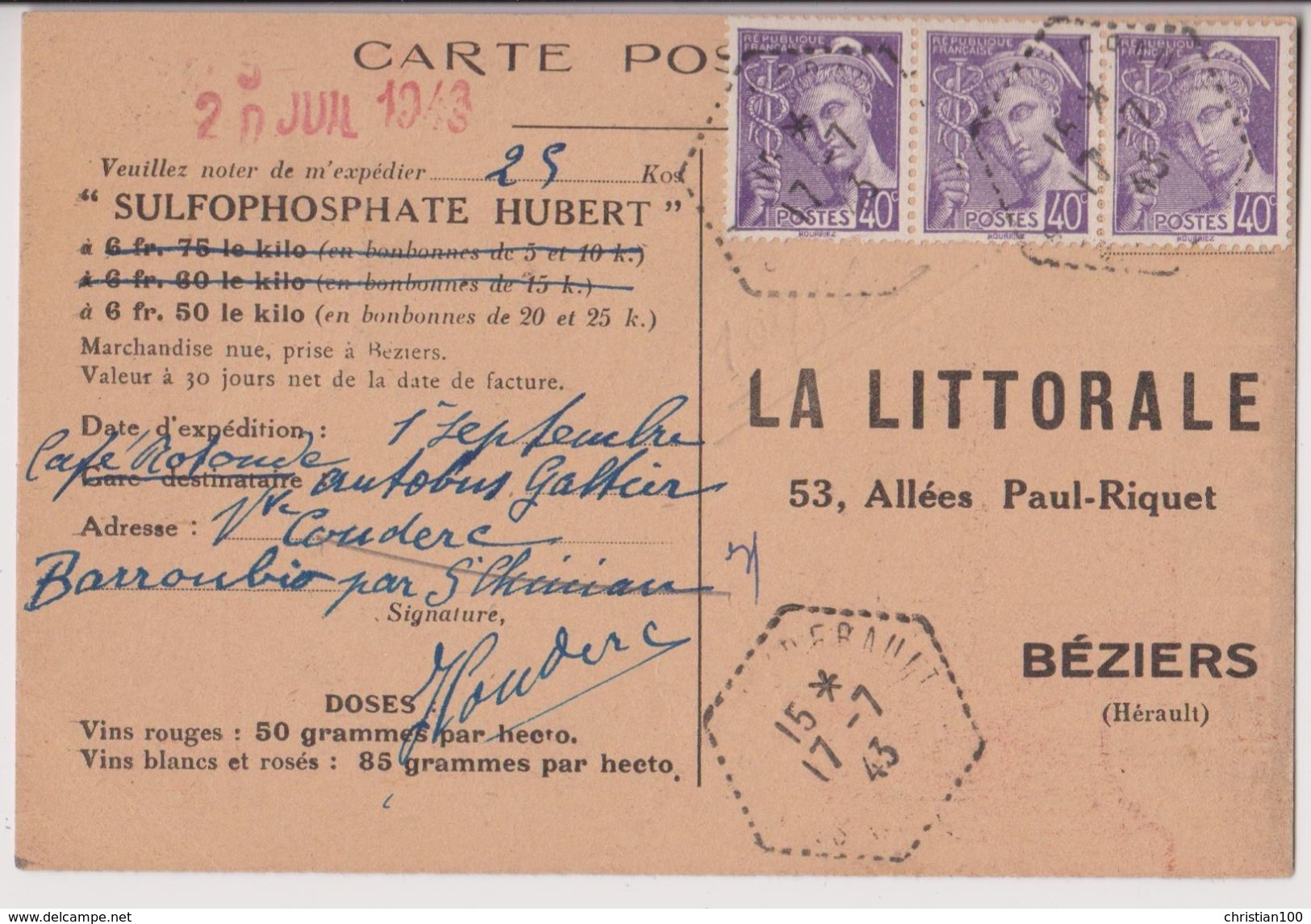 BEZIERS : CPA PUB SULFOPHOSPHATE "LA LITTORALE" - VIN PARFAIT - ECRITE 1943 - 2 SCANS - - Publicité