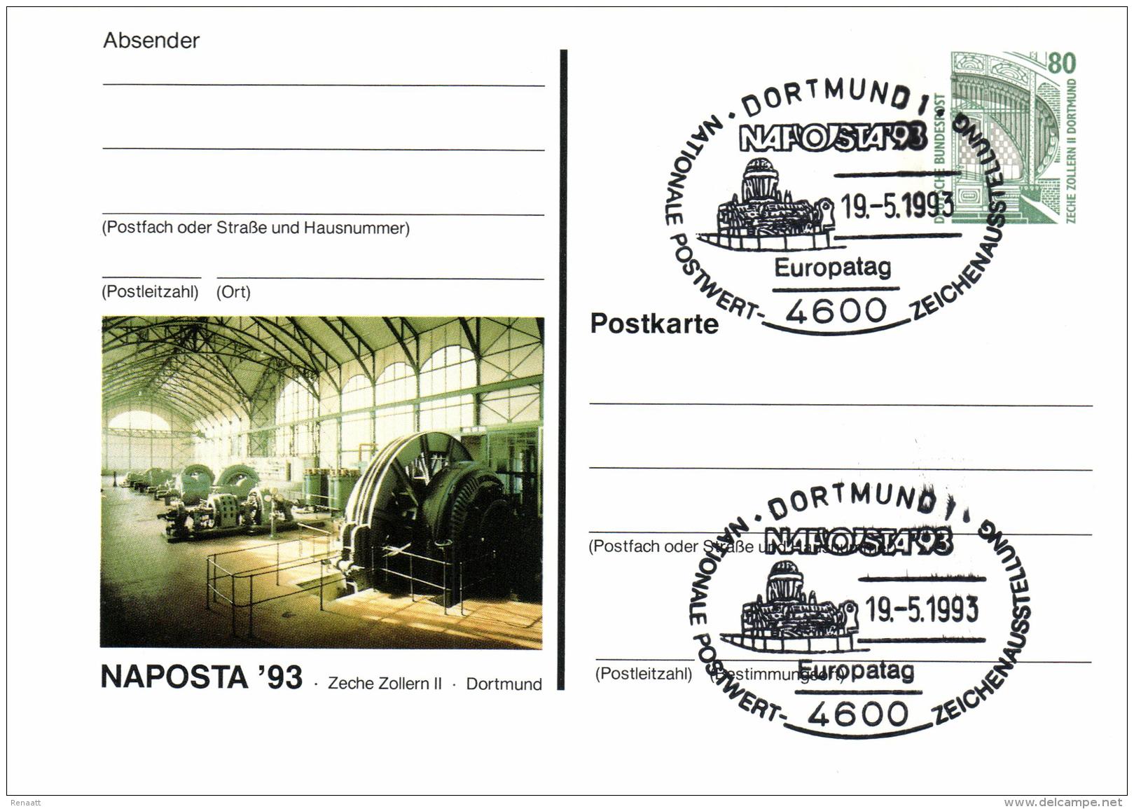 Germany 1993 Postal Stationery Card Stamps Exhibition Naposta Cancellation 19-May-1993 Dortmund, Illustr. Zeche Zollern - Lettres & Documents