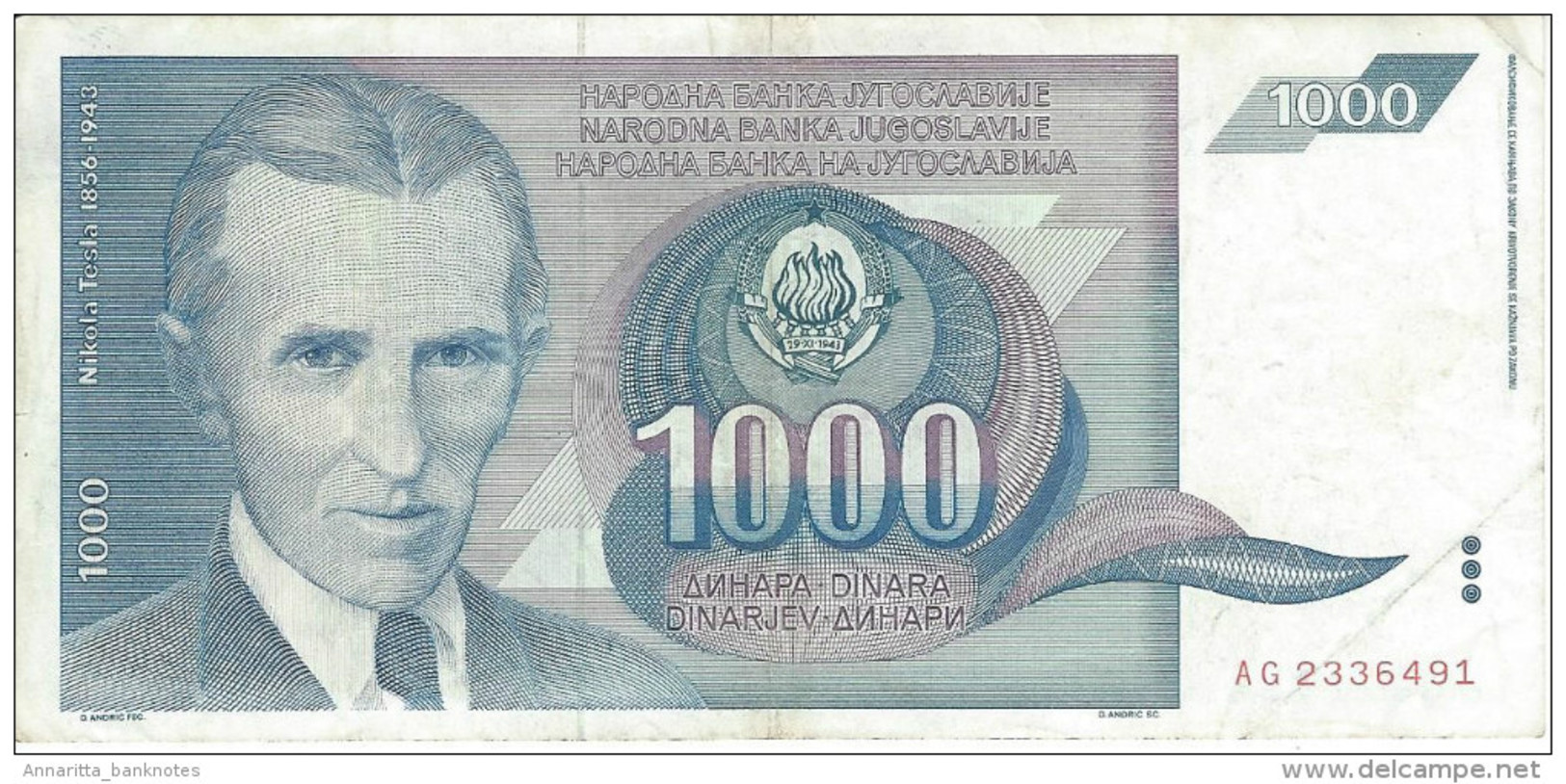 YUGOSLAVIA 1000 DINARA 1991 P-110 CIRC  [YU110circ] - Jugoslawien