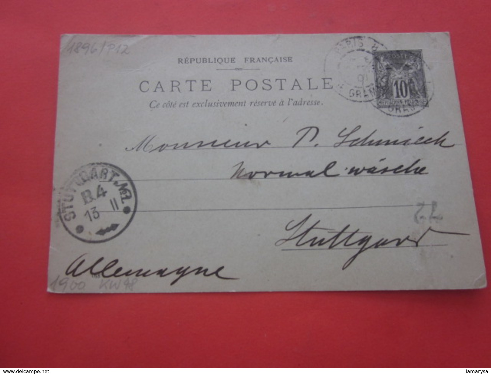 Timbre Type Sage 1896 - P12  Europe France  Entiers Postaux Paris 16--- Carte Postale 1901--Stuttgart DR - Cartes Postales Types Et TSC (avant 1995)