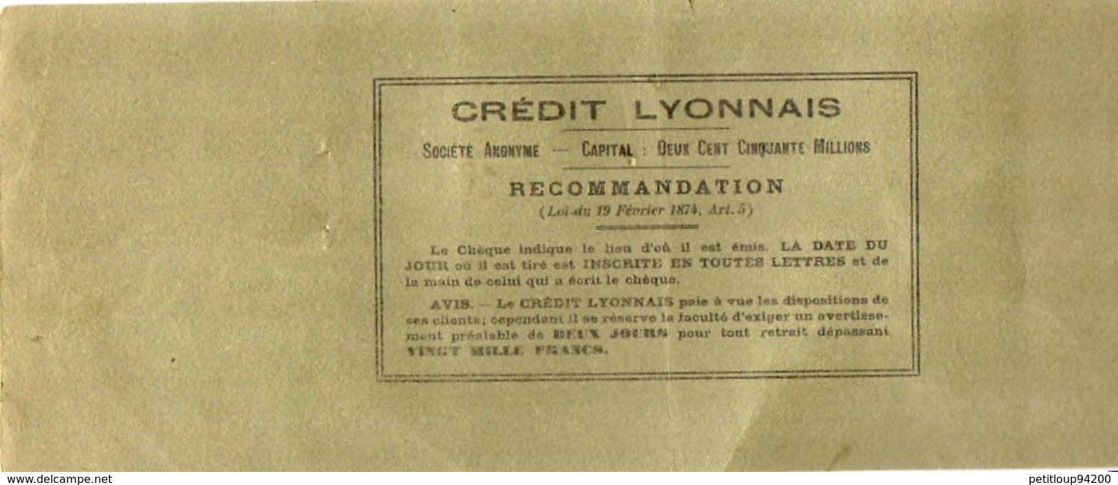 CHEQUIER CREDIT LYONNAIS  Agence De Melun  ANNEES 1920 - Chèques & Chèques De Voyage