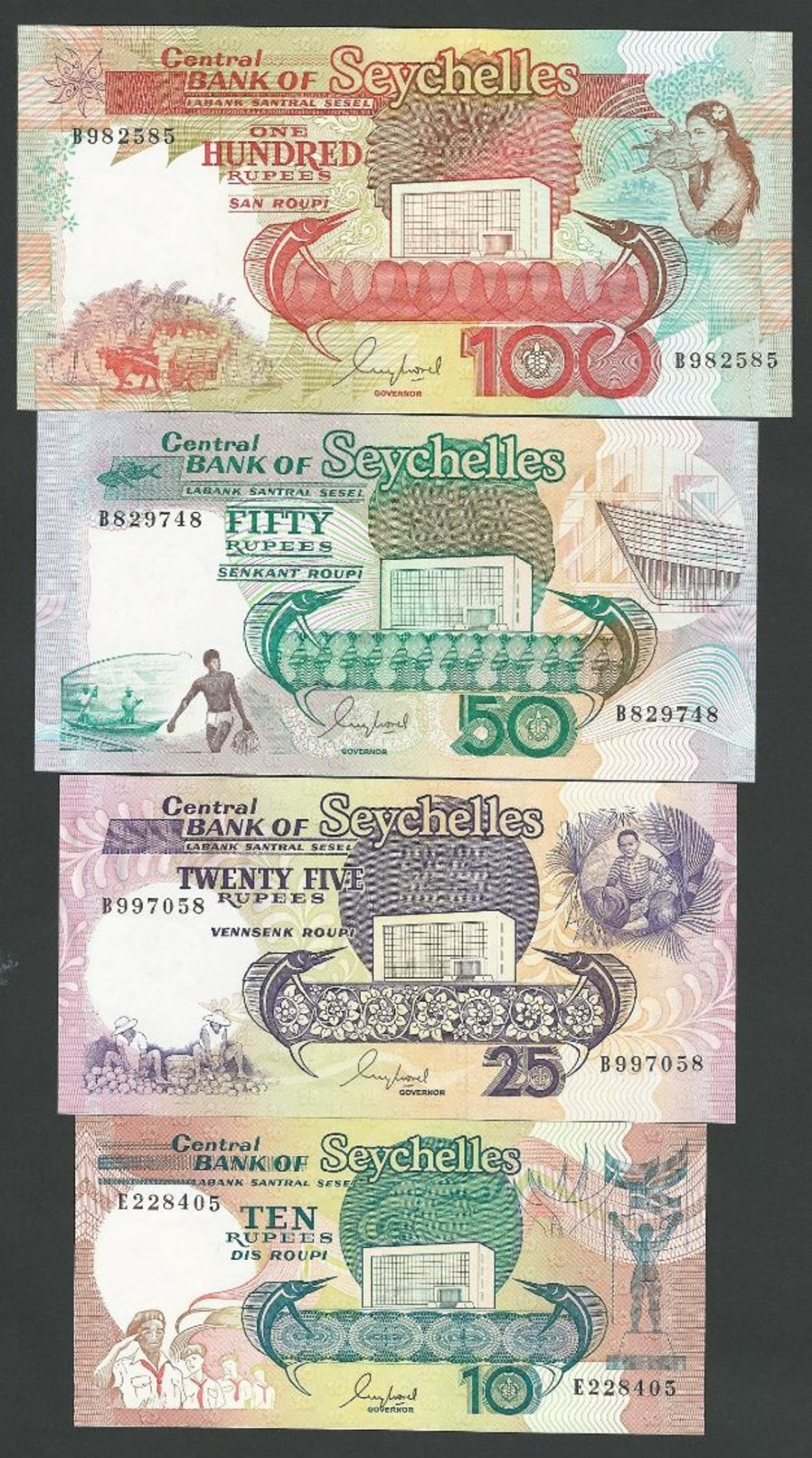 SEYCHELLES SET 10 + 25+50 +100 RUPEES 1989 Pik- 32 33 34 35 UNC - Seychellen