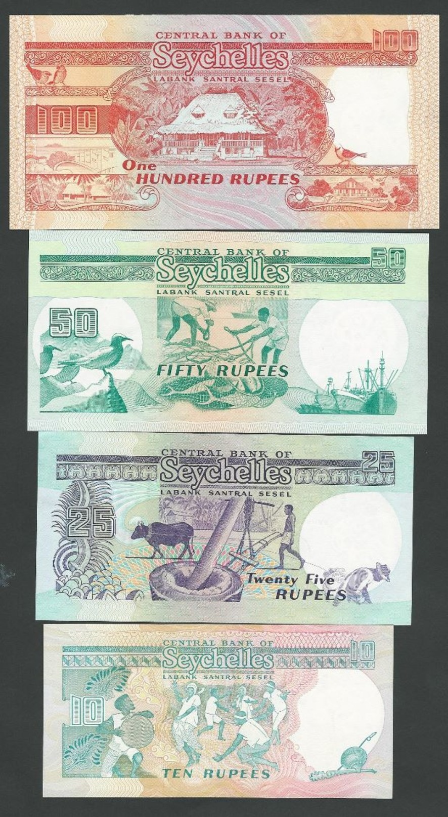 SEYCHELLES SET 10 + 25+50 +100 RUPEES 1989 Pik- 32 33 34 35 UNC - Seychellen