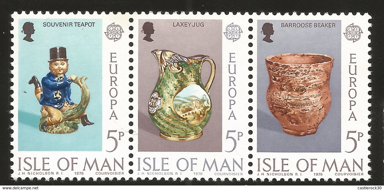 J) 1976 ISLE OF MAN, EUROPA CEPT, CERAMIC AND BEAD MEMORIES, STRIP OF 3, MNH - Isle Of Man