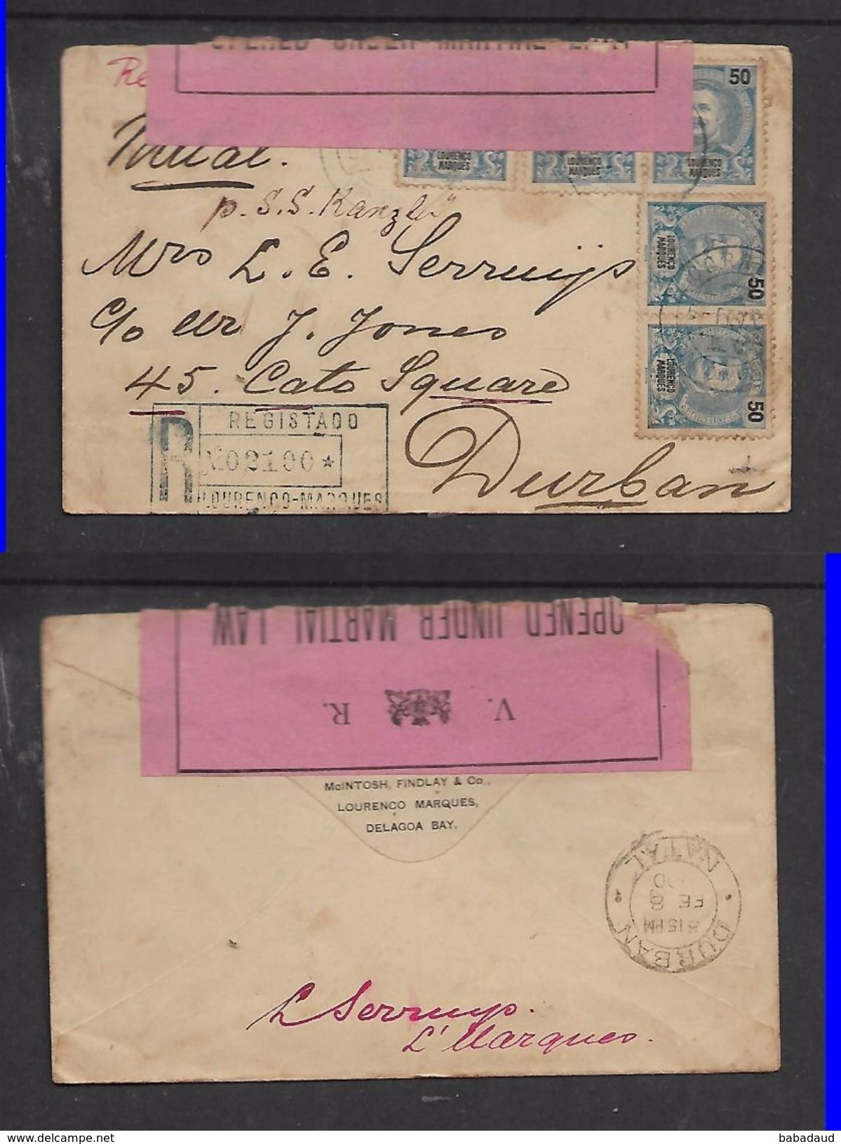 1900 Cover LOURENCO MARQUES > DURBAN, Label OPENED UNDER MARTIAL LAW (Boer War) - Mozambique