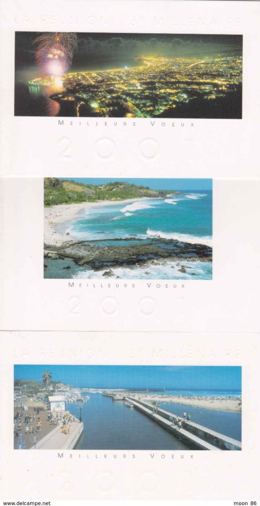 974 - ILE DE LA REUNION - 3 CARTES DE VOEUX 2001 DIFFÉRENTES VUES  ST DENIS  ST GILLES ET PLAGE BOUCAN CANOT - Réunion