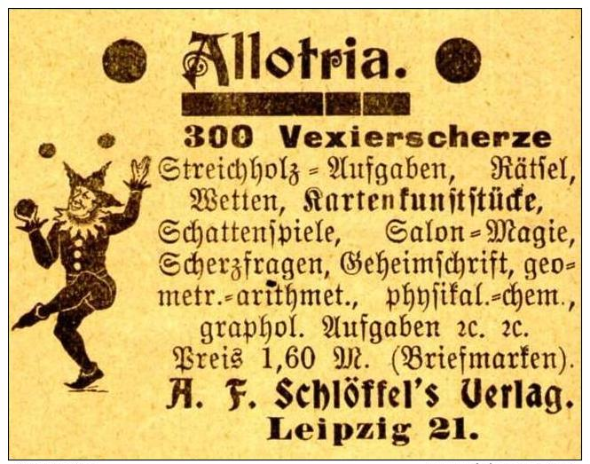 Original-Werbung/ Anzeige 1905 - ALLOTRIA / 300 VEXIER - SCHERZE / SCHLÖFFEL'S VERLAG LEIPZIG - Ca 50 X 40 Mm - Werbung