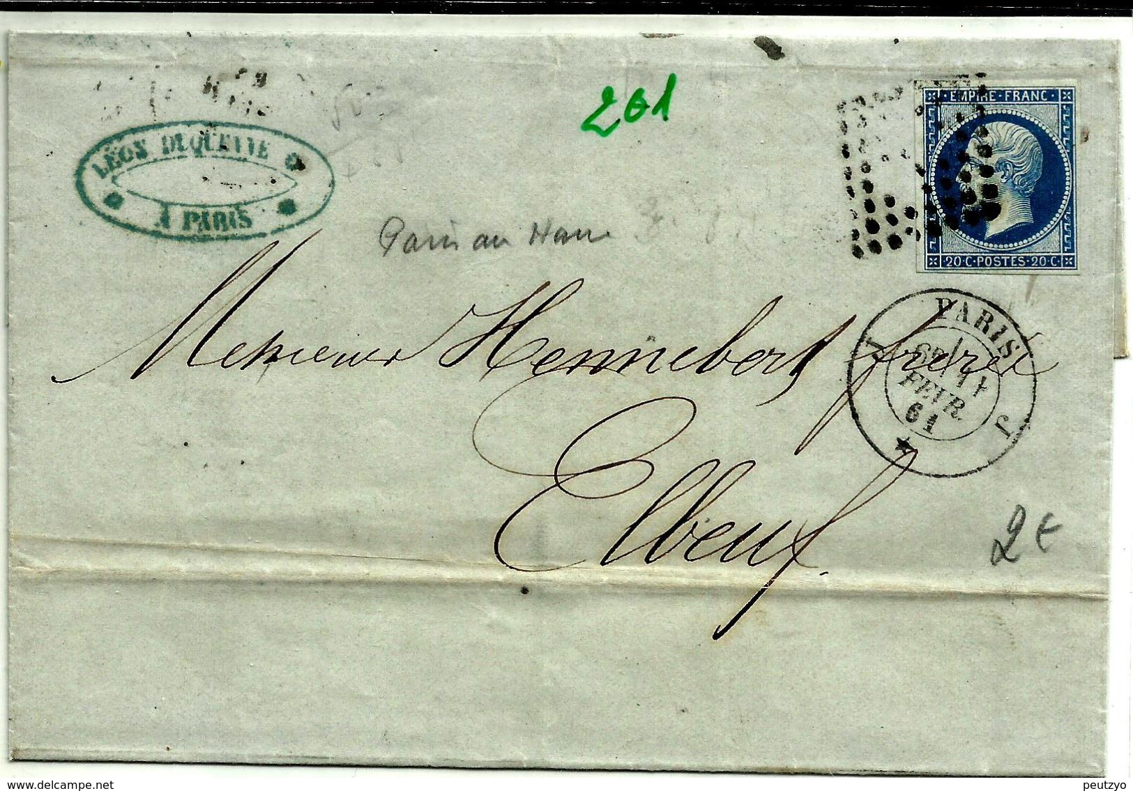 Lettre  Paris Elbeuf Napoleon N°14 Bleu PC  201 - 1853-1860 Napoleone III