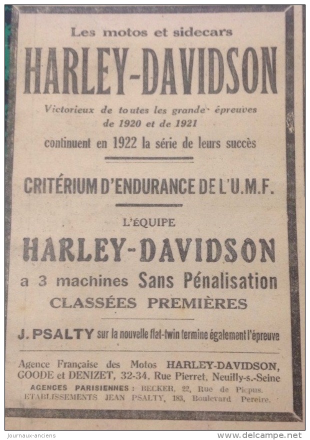 1922 PNEU DUNLOP - MOTOCYCLETTES PEUGEOT - PÉAN - GILLARD - HARLEY DAVIDSON - LA CYCLETTE - CYCLEMOTOR EVANS -32 X 23 Cm - Ohne Zuordnung