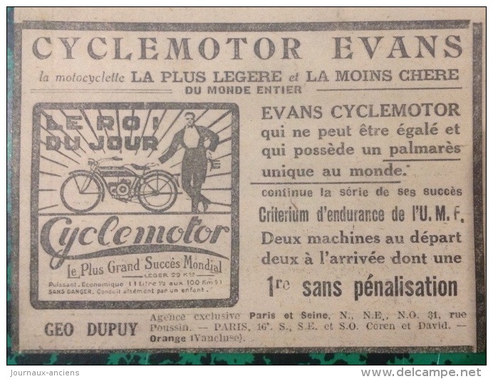 1922 PNEU DUNLOP - MOTOCYCLETTES PEUGEOT - PÉAN - GILLARD - HARLEY DAVIDSON - LA CYCLETTE - CYCLEMOTOR EVANS -32 X 23 Cm