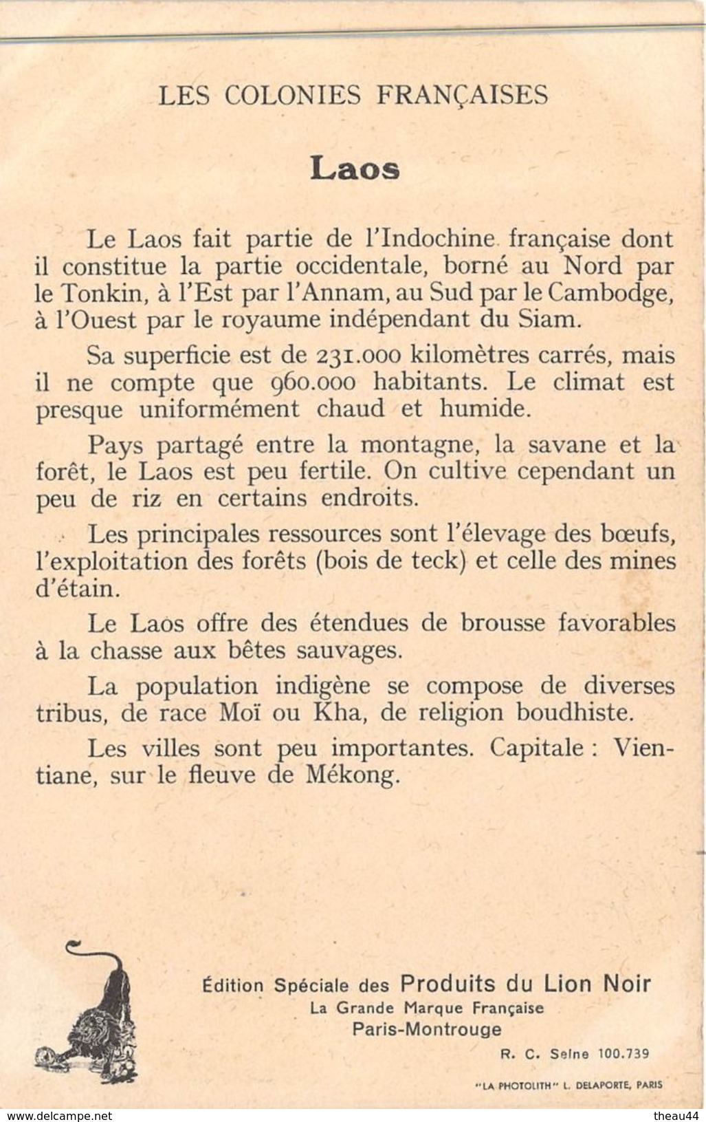 ¤¤  -  LAOS   -  Colonie Française -  Carte Publicitaire Des Produits Du Lion Noir   -  Illustrateur  -  ¤¤ - Laos