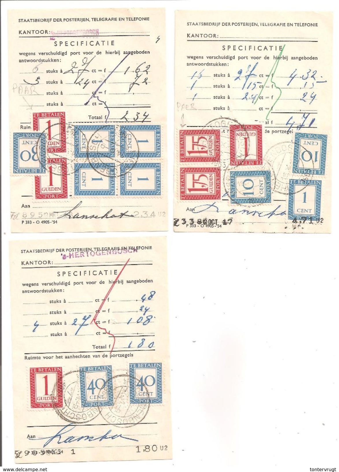 Strafportzegels Op 3 Formulien P333 O4905-'54. S'Hertogenbosch.incl 2 Paartjes 1,- + 1,75 - Portomarken