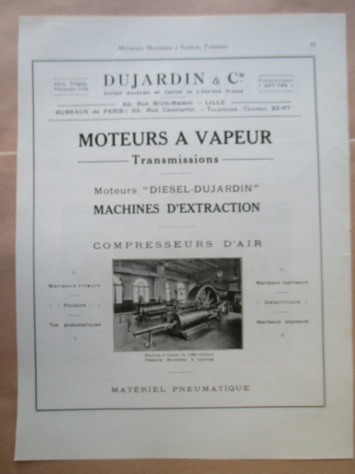 1922 - DUJARDIN  Lille -  Construction MOTEUR A VAPEUR  Filature Bouteny à Lannoy  - Page Originale MACHINE Industrielle - Machines