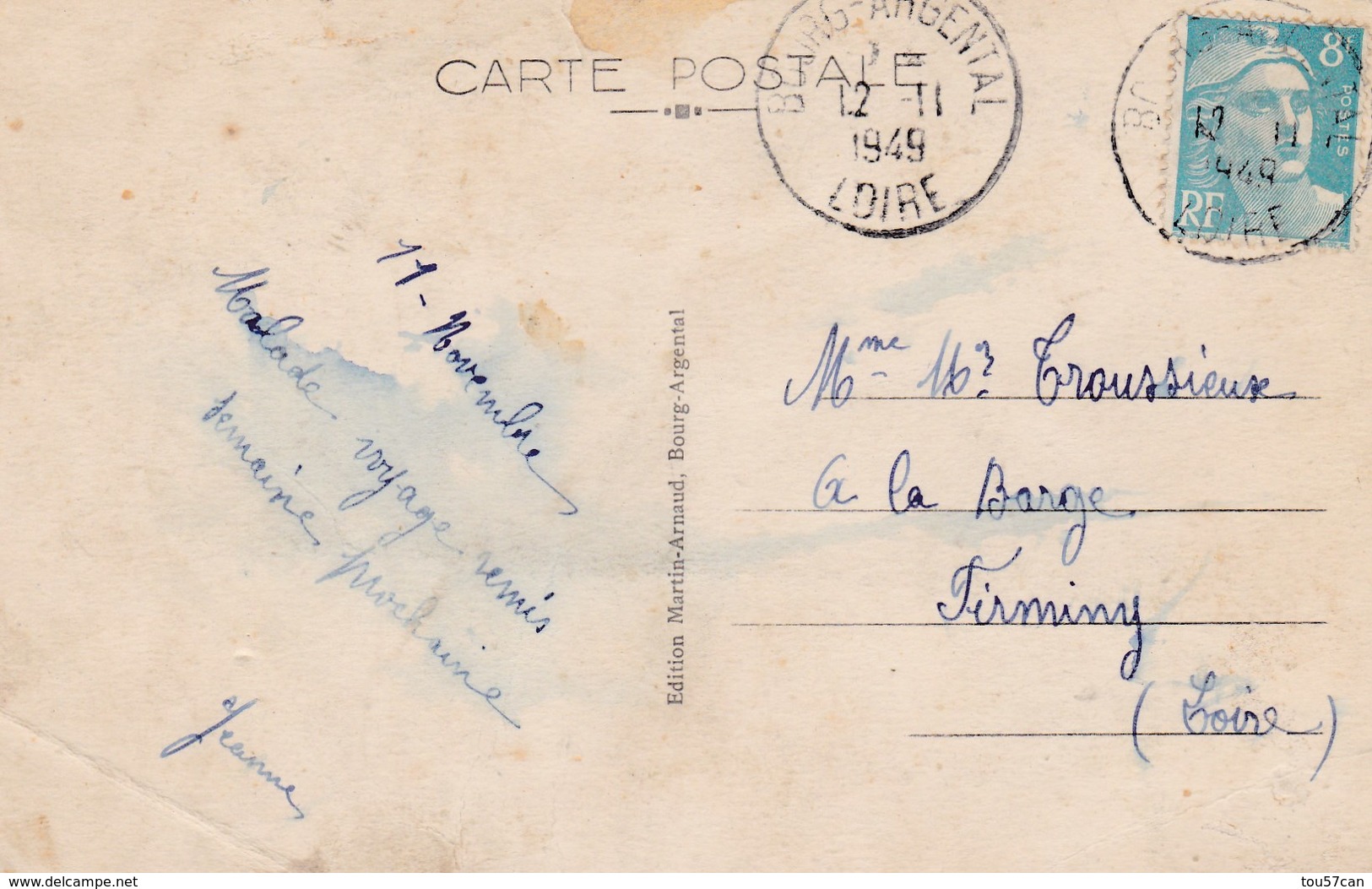 BOURG ARGENTAL - LOIRE -  (42) - CPA COULEUR DE 1949  - BEL AFFRANCHISSEMENT POSTAL. - Bourg Argental
