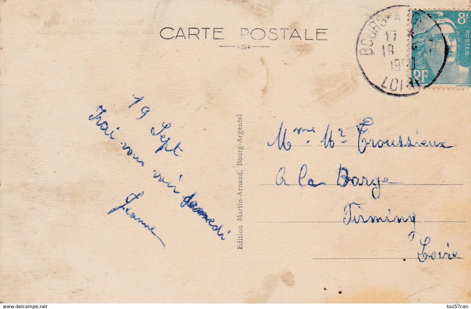 BOURG ARGENTAL - LOIRE -  (42) - CPA COULEUR DE 1950 - BEL AFFRANCHISSEMENT POSTAL. - Bourg Argental