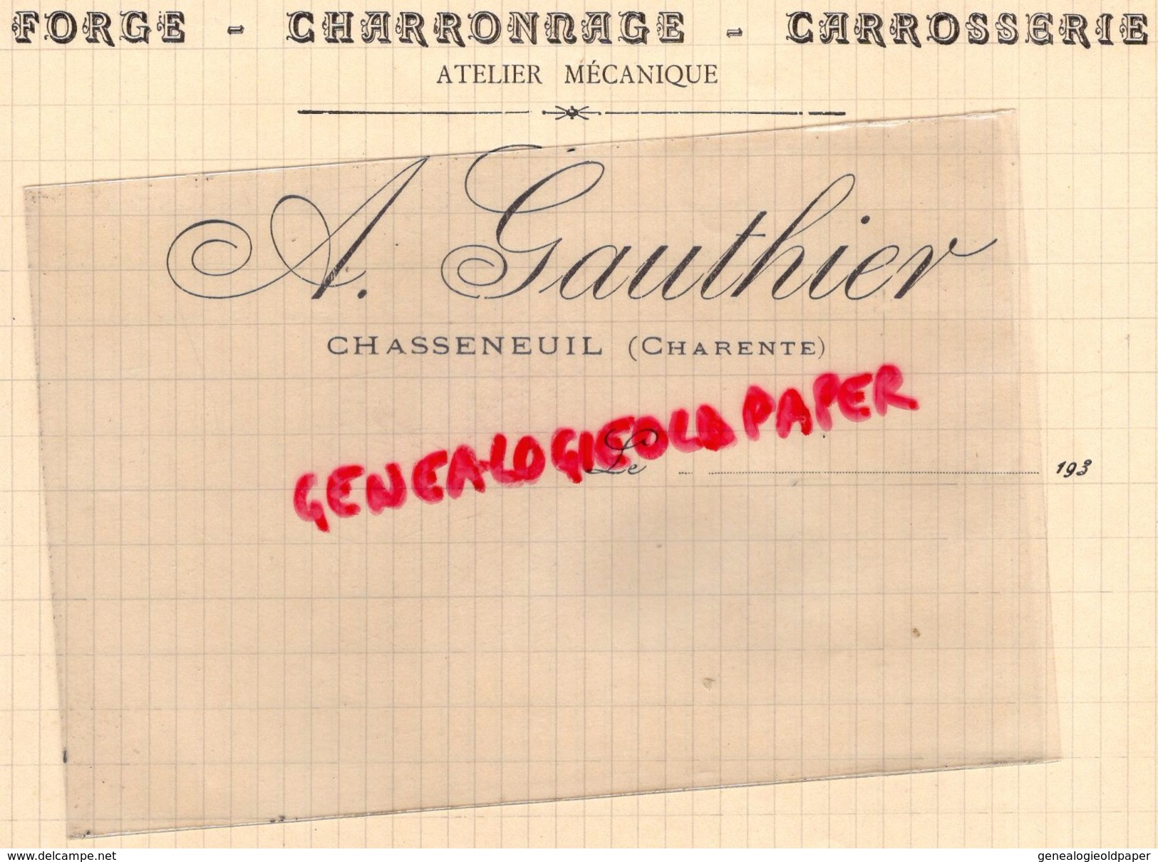 16 - CHASSENEUIL- FACTURE A. GAUTHIER  FORGE CHARRONNAGE-CARROSSERIE- MARECHAL FERRAND 1930 - Petits Métiers