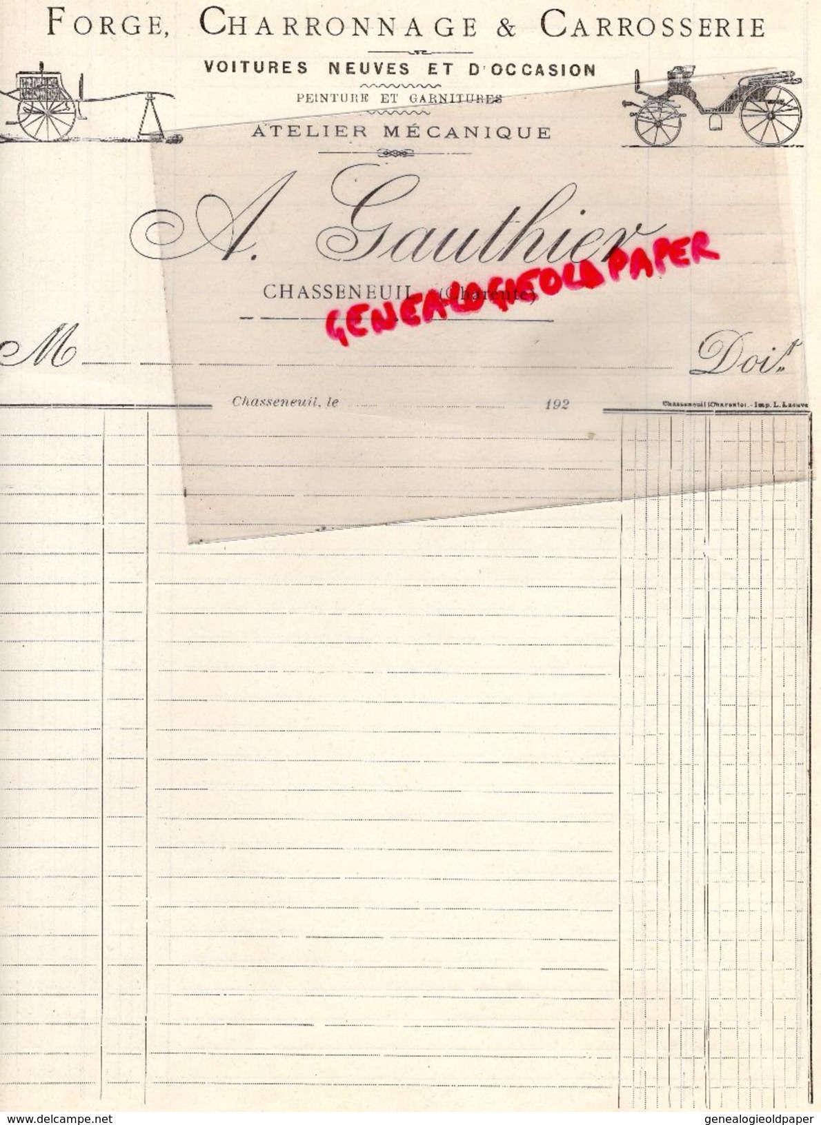16 - CHASSENEUIL- FACTURE A. GAUTHIER  FORGE CHARRONNAGE-CARROSSERIE- MARECHAL FERRAND 1920 - Petits Métiers