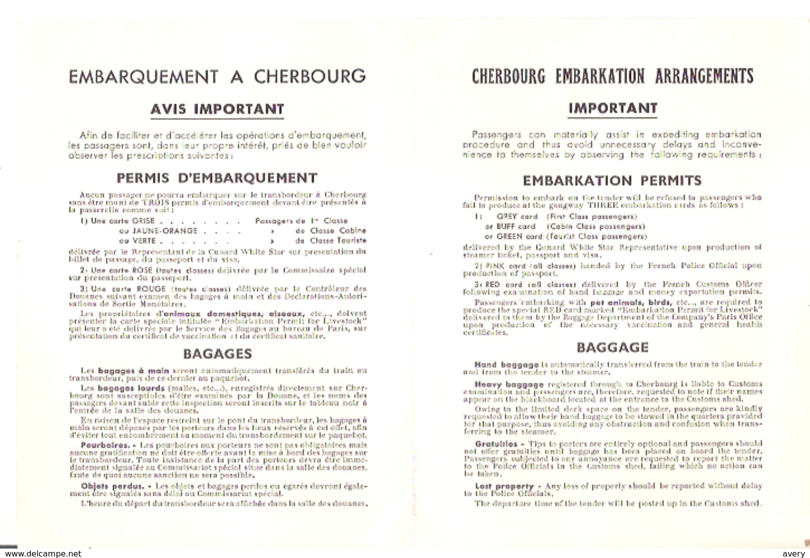 Embarkation Arrangements  Embarquement A Cherbourg Permis D'Embarquement - Europe