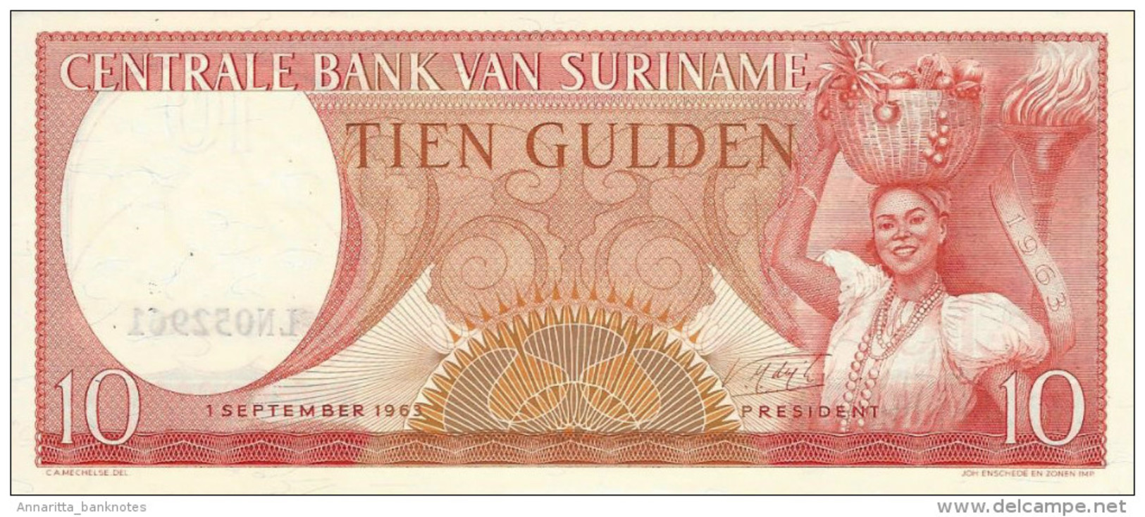 SURINAME 10 GULDEN 1963 P-121b UNC  LARGE  S/N [SR507b] - Surinam