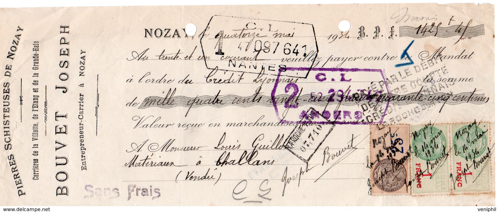 LETTRE DE CHANGE " PIERRES SCHISTEUSES DE NOZAY - CARRIERE DE LA VILLATTE DE L'ETANG -BOUVET JOSEPH  A NOZAY 1934 - Bills Of Exchange