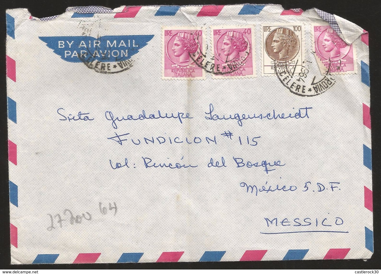 A) 1964 ITALY, TURRITA 100, 40, MULTIPLE STAMPS, AIRMAIL, CIRCULATED COVER FROM ROME TO MEXICO D.F. - Posta Aerea