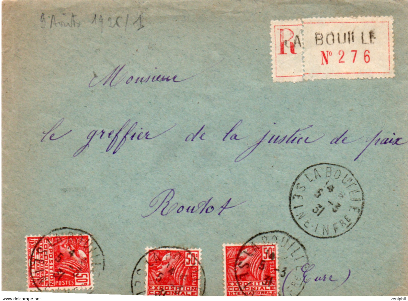 LETTRE AFFRANCHIE N° 272 - 3 EXEMPLAIRES -OBLITERE CAD " LA BOUILLE  SEINE INFERIEUR 1931 " - 1921-1960: Période Moderne