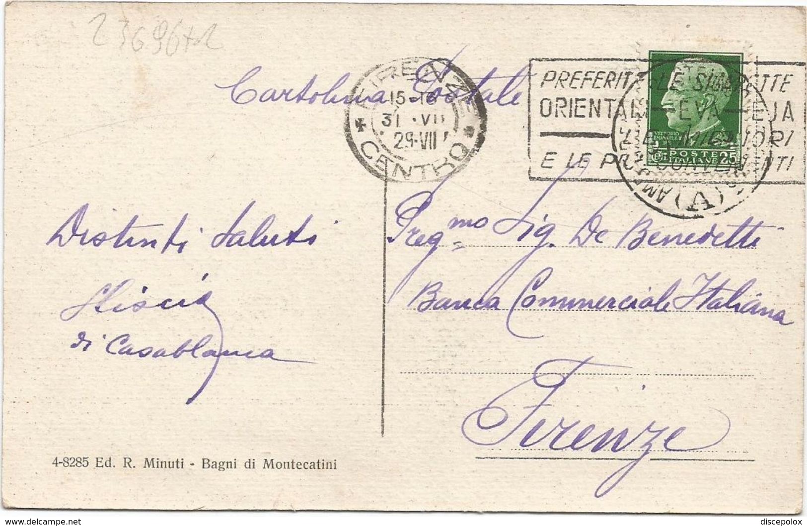 Z3696 Montecatini Terme (Pistoia) - Bagni - Viale Giuseppe Verdi - Annullo Targa Pubblicitario Sigarette Orientali 1929 - Poststempel