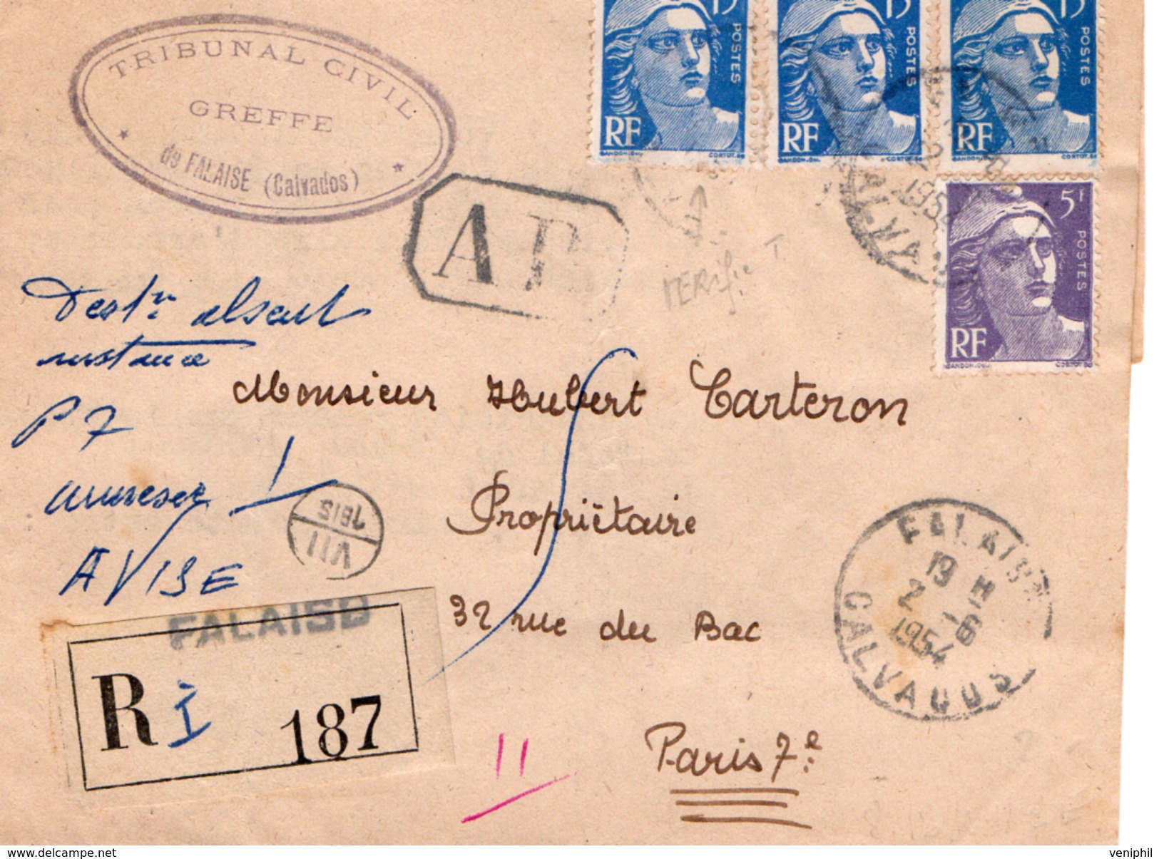 LETTRE AFFRANCHIE RECOMMANDEE  AFFRANCHIE TYPES GANDON  -N° 886 X3  + N° 883 - CAD FALAISE -CALVADOS  1954 - 1921-1960: Moderne