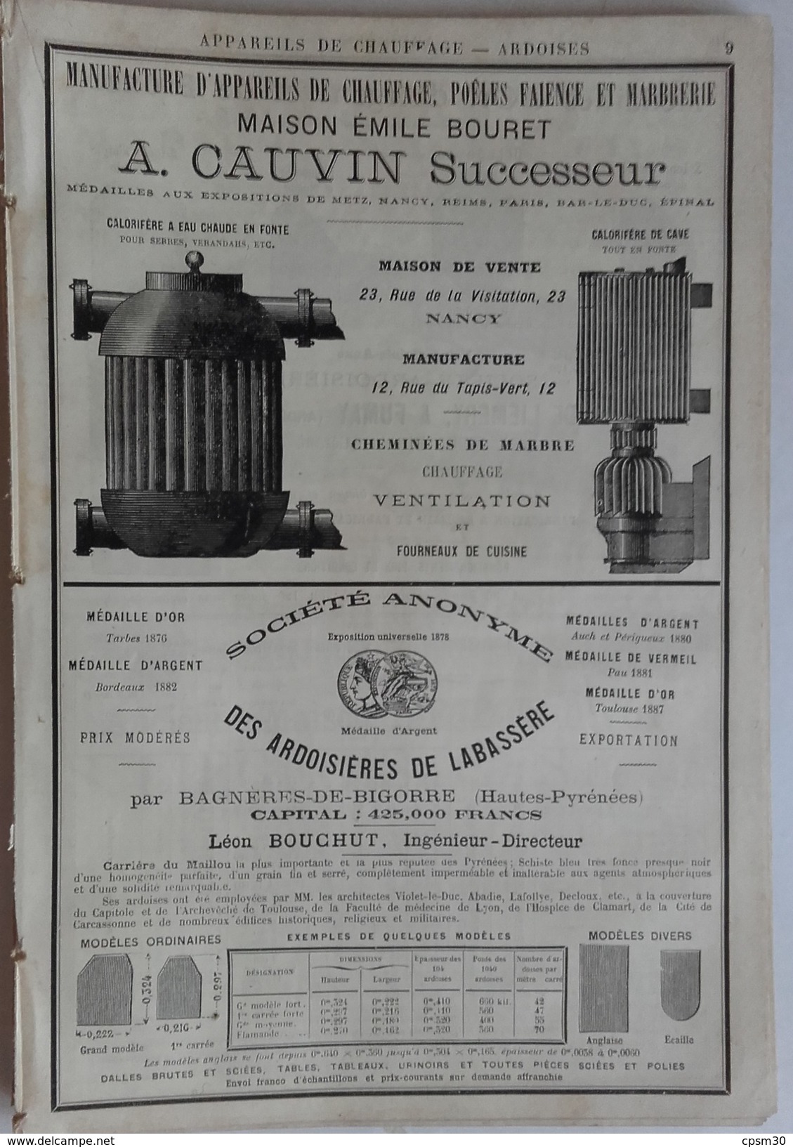 PUB 1888 - Appareil CHAUFFAGE Rue Visitation Nancy, ARDOISES à Bagnères De Bigorre 65, Ardoisière Lièmery à Fumay 08 - Publicités