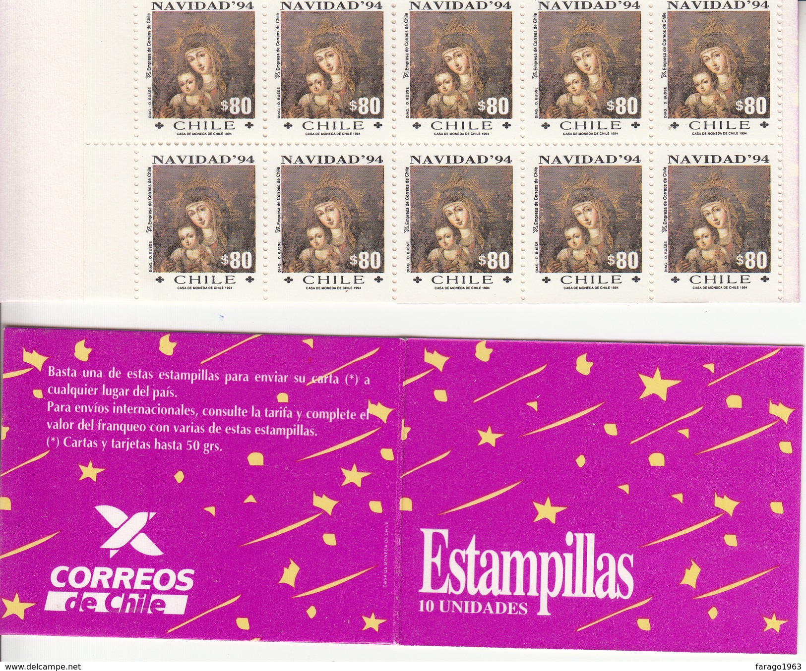 1994 Chile Christmas Noel Navidad 2 Complete Booklet Carnet "unexploded"  VF MNH - Chile