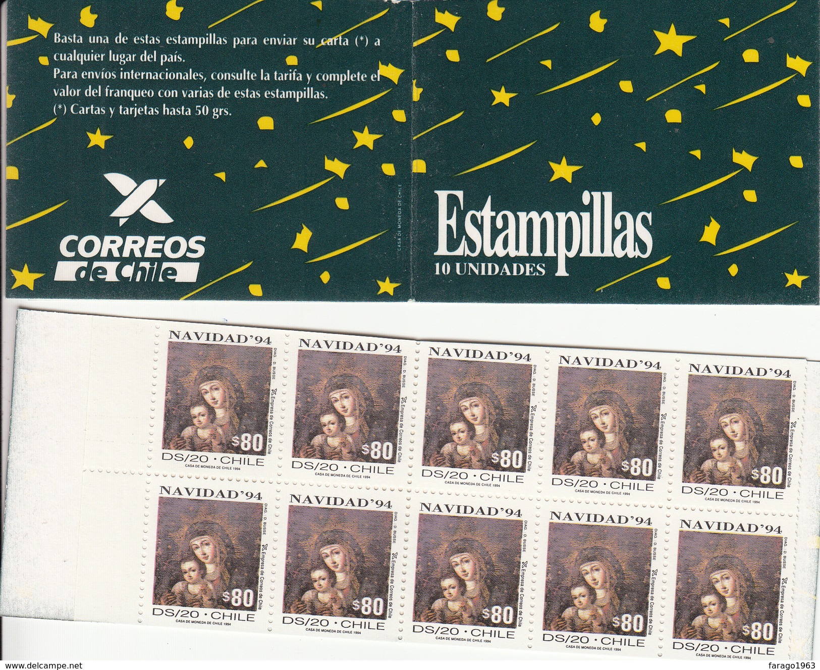 1994 Chile Christmas Noel Navidad 2 Complete Booklet Carnet "unexploded"  VF MNH - Chile