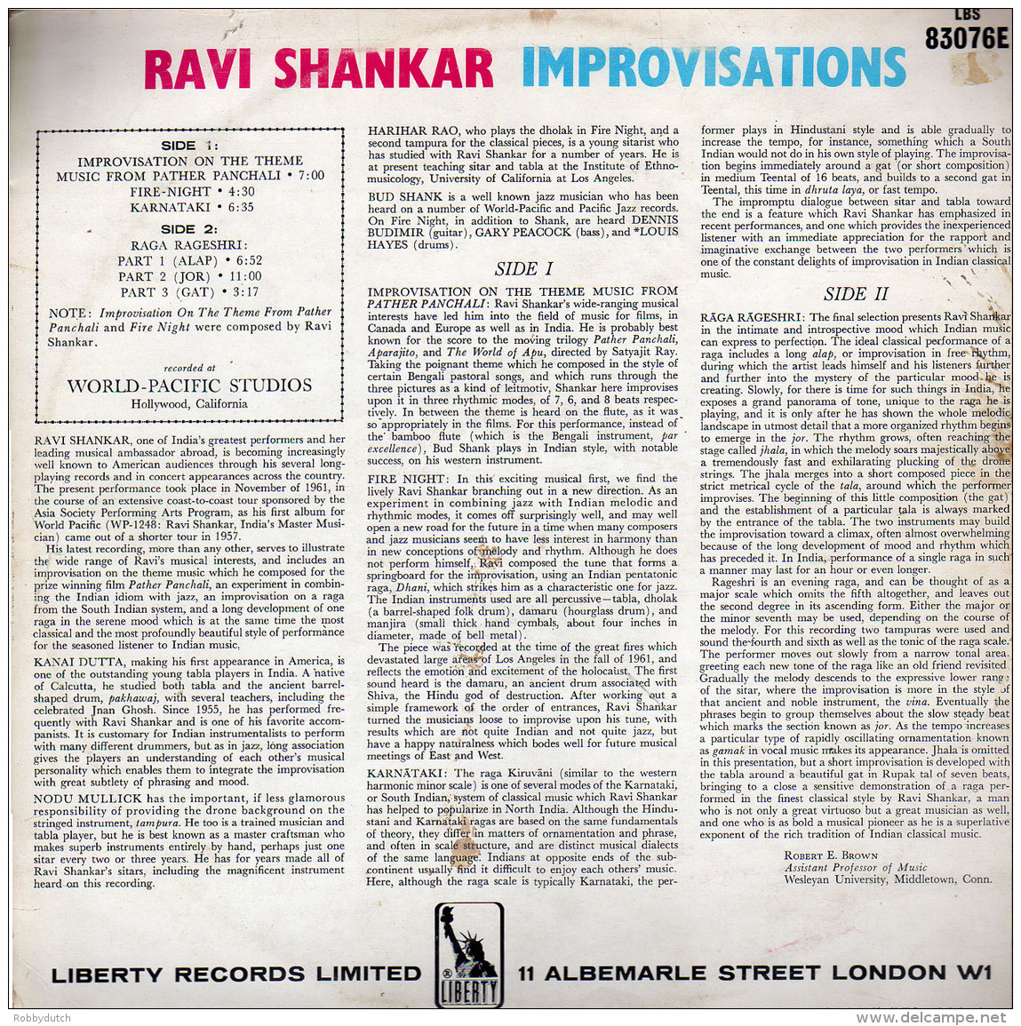 * LP *  RAVI SHANKAR - IMPROVISATIONS &amp; THEME FROM PATHER PANCHALI (England 1968) - Wereldmuziek