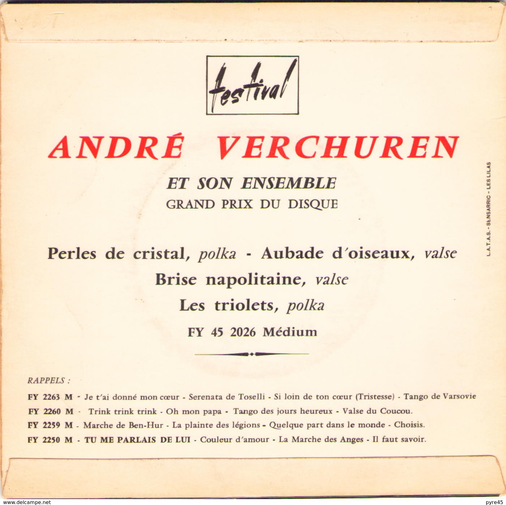 45 TOURS ANDRE VERCHUREN FESTIVAL 2026 PERLES DE CRISTAL / AUBADE D OISEAUX / BRISE NAPOLITAINE / LES TRIOLETS - Instrumental